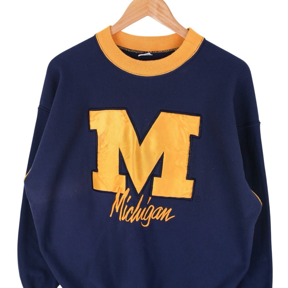 Vintage Michigan Wolverines Sweatshirt Big Logo Crewneck Navy Yellow Mens Large - Picture 2 of 4